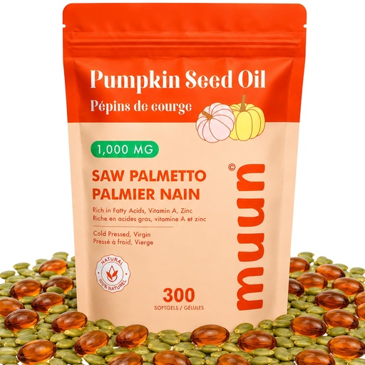 [BRSRGFL5BZ6AKGT2] Muun Pumpkin Seed Oil with Saw Palmetto 300 Softgels - 1000 MG, Cold Pressed, Pure Virgin Oil, Essential Fatty Acids & Phytosterols, Supports Hair, Urinary, Bladder & Prostate Health