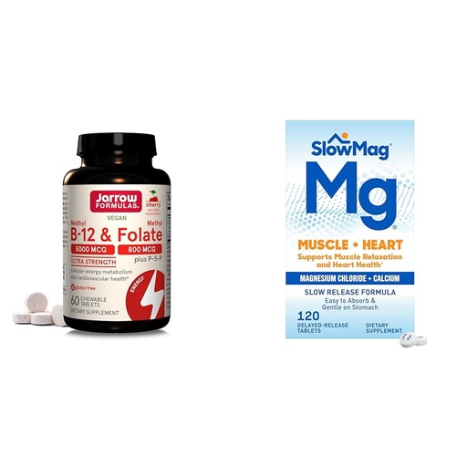 [BRSROBQEAV4AM3TB] Jarrow Formulas Ultra Strength Methyl B-12 5000 mcg & Methyl Folate 800 mcg + P-5-P & SlowMag Muscle + Heart Magnesium Chloride with Calcium Supplement to Support Muscle Relaxation
