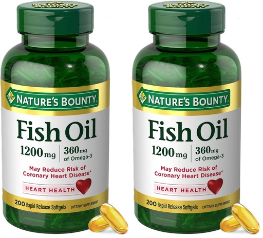 [BRSRACAZOAGRGFIU] Nature's Bounty Fish Oil Omega 3 Supplements - Supports Heart Health, 1200 Mg Fish Oil, Omega-3, 200 Softgels (Pack of 2)