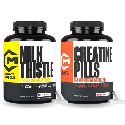 [BRSRGCT2OEPQO3IZ] Crazy Muscle Milk Thistle Matrix 60 Servings + Creatine Monohydrate Pills 180 Tablets – Liver Support Detox Formula & 3-Type Creatine for Energy, Strength, Workout Performance Men & Women