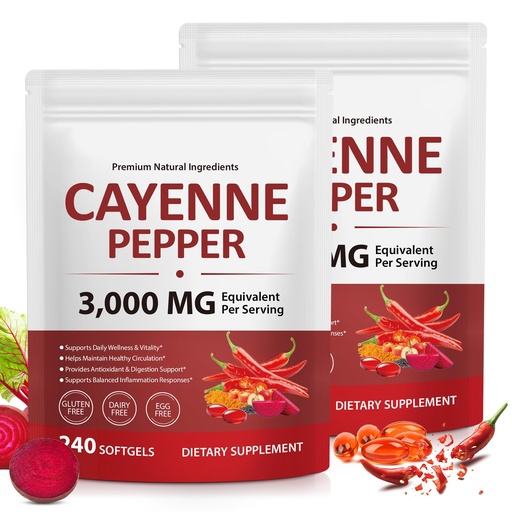 [BRSRG2QEBANQGGY6] Cayenne Pepper Softgels with Beetroot Extract, Turmeric Curcumin & Hawthorn – Enhanced with Vitamins D3, K2 & E – Supports Heart Health, Circulation & Leg Vein Wellness – 240 Easy-to-Take Capsules