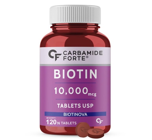 [BRSWGFQTDMIRMDT4] Carbamide Forte Biotin 10000mcg (High Potency) per Veg Tablet - Supports Hair Growth, Glowing Skin and Strong Nails - Biotinova (120 Tablets)