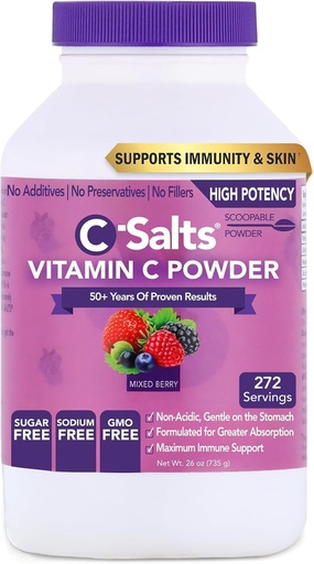 [BRSRO2QCAF7QA2T6] C-Salts Vitamin C Powder - 100% Pure Buffered Ascorbic Acid Powder for Daily Immune Support & Collagen Production - Stomach-Friendly Organic Vegan Non-GMO Sugar-Free - 272 servings - Mixed Berry, 26oz