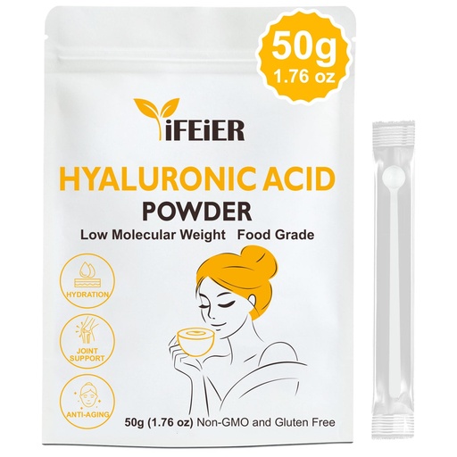 [BRSRACA6OEIRO2YV] iFEiER Hyaluronic Acid Powder | Low Molecular Weight Food Grade Hyaluronic Acid | 50g(1.76oz) Sodium Hyaluronate Powder | HMW LMW HA | Skin Hydration and Joint Lubrication Supplements