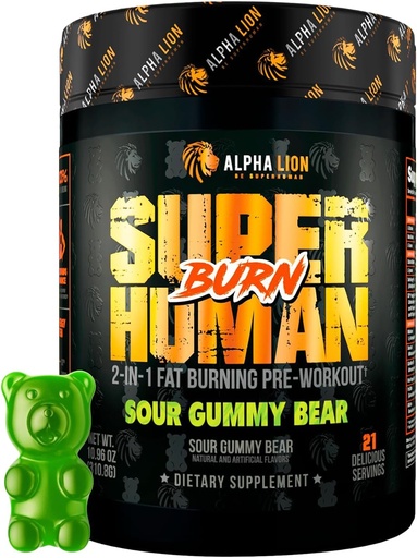 [BRSW2233CAGQEHTX] ALPHA LION Superhuman Burn – 2 in 1 Metabolism Booster Pre Workout and Themogen Fat Burner for Men – Phụ nữ và giảm cân nặng (21 Phục vụ, Sour Gummy Bear)