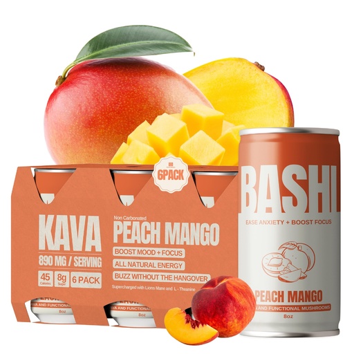 [BRSREGT3BF6AYCI6] Bashi - Kava Drink Experience - 890MG of Kava, Alcohol Alternative, Natural Relaxation & Stress Relief - Plant-Based Kava Extract - Non-Alcoholic, Caffeine Free - Peach Mango 8oz - 6 Pack
