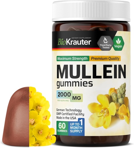 [BRSRMEIDPMBW23LD] BIO KRAUTER Mullein Gummies for Lungs 2000 mg - 60 Chews - Lung Detox Supplement - Mullein Leaf Gummies - Vegan, Gelatine-Free