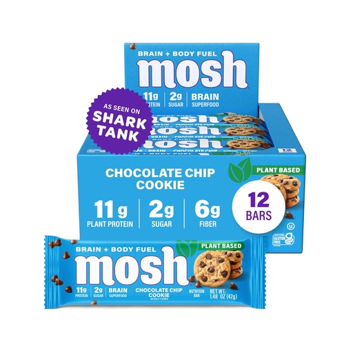 [BRSREEIDOUDRUELZ] MOSH Chocolate Chip Cookie Vegan Protein Bars, Plant Based, Keto, Gluten Free, Brain Healthy Snack with Cognizin, Ashwagandha and Lion's Mane, 12 Count