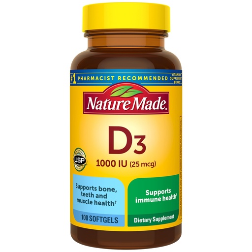 [BRSWIZQOBENREADM] Nature Made Vitamin D3 1000 IU (25 mcg), Vitamin D Supplement for Bone, Teeth, Muscle and Immune Health Support, 100 Softgels, 100 Day Supply