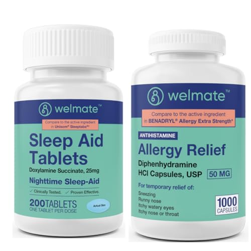 [BRSREZIHOUNGG33B] WELMATE Allergy & Sleep Support Bundle | Diphenhydramine 50mg + Doxylamine 25mg | Antihistamine & Nighttime Aid | 1000 + 200 Tablets