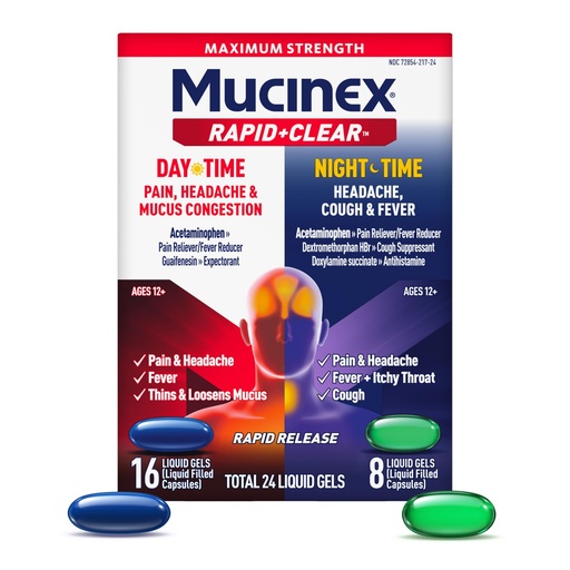 [BRSREYADBUFAKHL6] Mucinex Rapid Clear Maximum Strength Day & Night Cold and Flu Medicine for Adults, Over-The-Counter Medication for Headache Relief, Mucus Congestion, & Cough, Rapid Release Liquid Gels, 24 Count