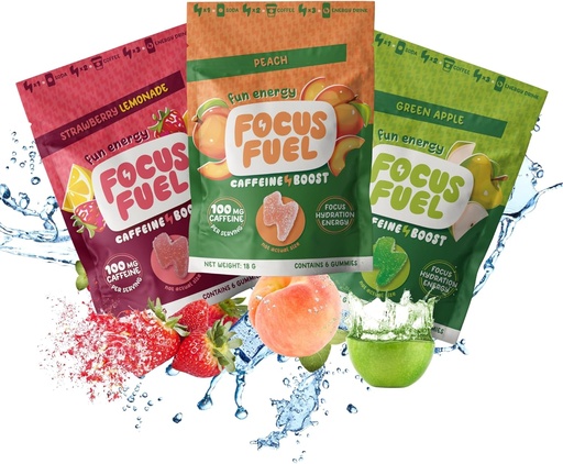 [BRSRAGA5AR6GKAA3] FocusFuel Energy Chews – Trial Size Variety Sample Pack (9 Servings) – 100mg Caffeine + Alpha GPC + L-Theanine + B12, Magnesium – Peach, Green Apple, Strawberry Lemonade Flavors – No Crash or Jitters
