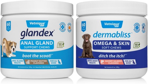 [BRSRMZYPBMORUDQ7] VETNIQUE Dermabliss Omega & Skin Supplement Chews for Dogs (60ct) & Glandex Anal Gland Support Peanut Butter Soft Chews for Dogs (60ct) Bundle