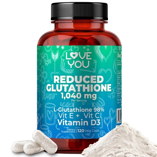 [BRSRAAT2BYIWGCDG] Love You Reduced Glutathione 98% Purity 1040 mg + Vitamin C, E & D3 - Intracellular Antioxidant - Supports Detoxification & Immune Function - 120 Veggie Caps, 30 Servings