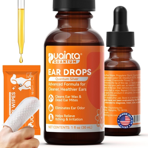 [BRSREBIYCAFGYYDD] PUAINTA Dog Ear Drops with Finger Cots, Natural Dog Ear Cleaner and Infection Treatment, Quantum Silver Dog Ear Cleaning Solution for Itching, Irritation & Wax Build-Up,1oz