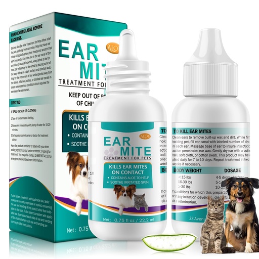 [BRSRGZ3QAAIA2DY3] Ear Mite Treatment for Dogs and Cats, Cat Ear Cleaner with Aloe Vera, Cleaner on Contact & Soothes Itching, Vet-Recommended Formula for Pets Ear Cleaning, Fast-Acting