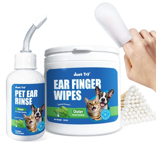 [BRSRACQZCUJRAHYZ] 3 IN 1 Ear Cleaner Kit for Dog & Cat Ear Infection Treatment Without Irritation Ear Wash for Itch Relief Inflammation Ear Wax -Ear Rinse (60ml ) + Finger Wipes (40 Counts)+ Cotton Swab (100 PCS)