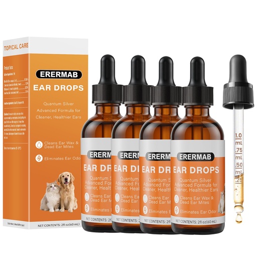 [BRSRGZATOYMBOG3O] 4 Pack Dog Ear Drops, Dog Ear Cleaner Drops, Ear Infection Treatment for Dogs and Cats, Natural Herbal Ear Cleaning Solution for Dirty,Itchy,Smelly,Inflammed Pet Ears, 2 oz with Dropper