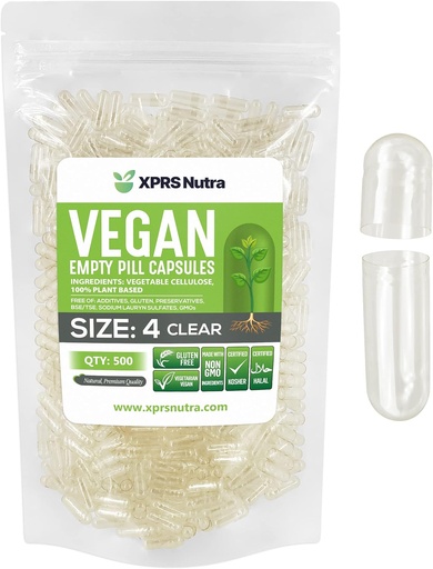 [BRSWGCQLAFYBSDL2] XPRS Nutra Size 4 Empty Capsules - 500 Cuentas Clear Small Empty Vegan Capsules - DIY Vegetable Capsule Filling - Fillable Do-It-youself Veggie Pill Caps for Supplements