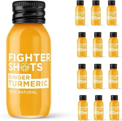 [BRSRAAATOQCAYDYV] Fighter Shots Fresh and Fiery Ginger + Turmeric - Reduces Bloating, Boosts Immunity - 100% Natural with No Preservatives - Perfect Morning/Post Workout Pick Me Up 12 Pack