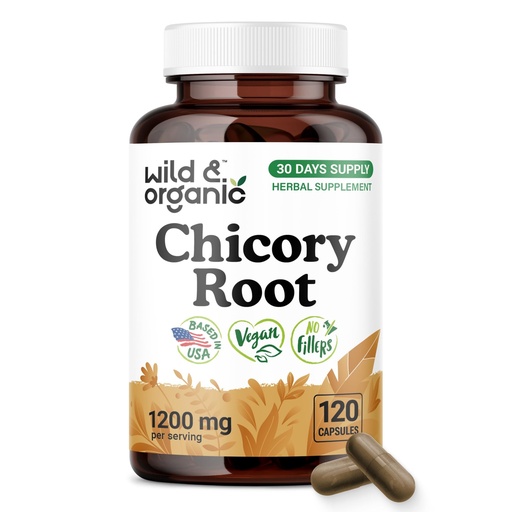 [BRSRAHA3BEOQMDT7] Wild & Organic Chicory Root Fiber Capsules - 1200 mg of Chicory Root Powder per Serving - Digestive & Gut Support - Inulin Prebiotic Fiber Supplement - Non-GMO, Vegan Inulin Capsules - 120 Count