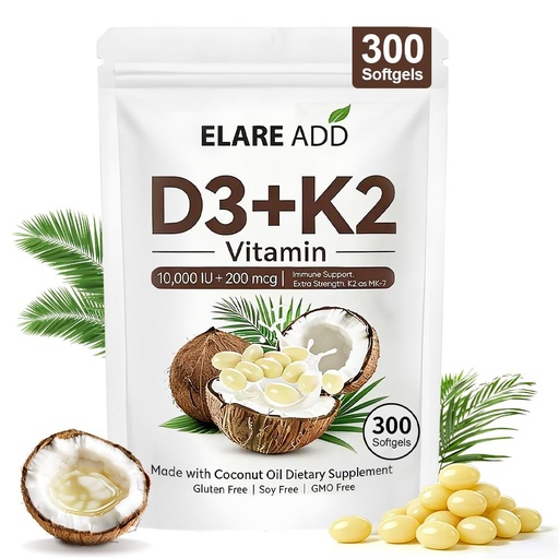 [BRSRGBL6BMOQEHQZ] Aeteon Vitamin D3 K2 10,000 IU, K2 MK-7 200 mcg, Virgin Coconut Oil, 2-in-1 Replenish Formula, Supports in Calcium Absorption, Easy to Swallow, Non-GMO, Gluten Free, 300 Capsules
