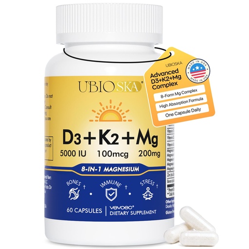 [BRSRYYDQCUFGOCL3] Vitamin D3 K2 Magnesium, Supplement 5000 IU Vitamin D3 & MK-7 K2 with 8-in-1 Magnesium Complex, Magnesium Glycinate, Malate & Taurate for Bone, Sleep, Stress Relief & Mood, 60 Capsules