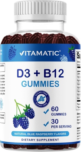 [BRSRGBQ3DMCQ2D3B] Vitamatic Vitamin D3 + B12 Gummies Made with Folate & Vitamin B6 - Natural Blue Raspberry Flavor – 60 Gummies – Made in the USA