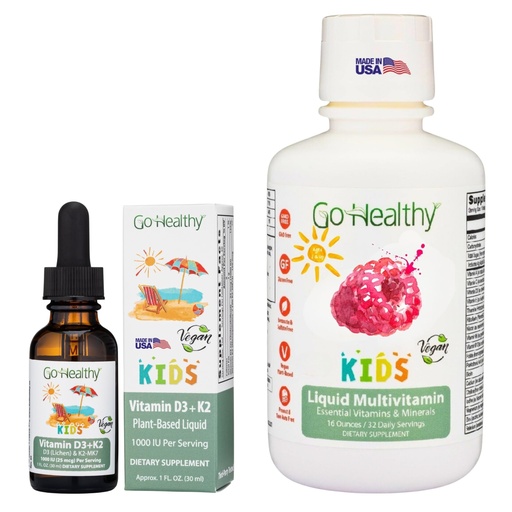 [BRSREHYPDMCQGYD6] Go Healthy Kids Multivitamin Liquid (1 Bottle Raspberry) and Vitamin D3 K2 Drops (1 Bottle Vanilla) Vegan and Vegetarian, Gluten Free, Non-GMO Bundle