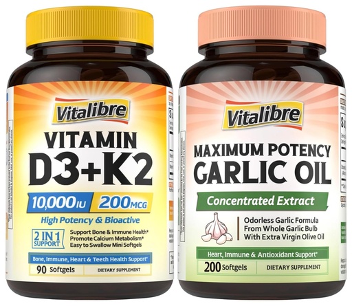 [BRSRYYYOCIBB43TV] Vitalibre D3 K2 (10,000 IU / 200 mcg MK7) + Odorless Garlic Oil Bundle – Heart, Immune & Mood Support, Enhanced Absorption, Antioxidant Defense – Non-GMO, No Soy, No Gluten – 90 + 200 Softgels