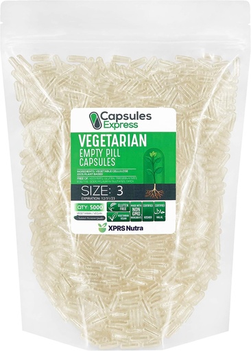 [BRSWYZYEBYPRGCYU] XPRS Nutra Size 3 Empty Capsules - 5000 Count Clear Empty Vegan Capsules - Vegetarian Empty Pills - DIY Vegetable Capsule Filling - Veggie Pill Caps