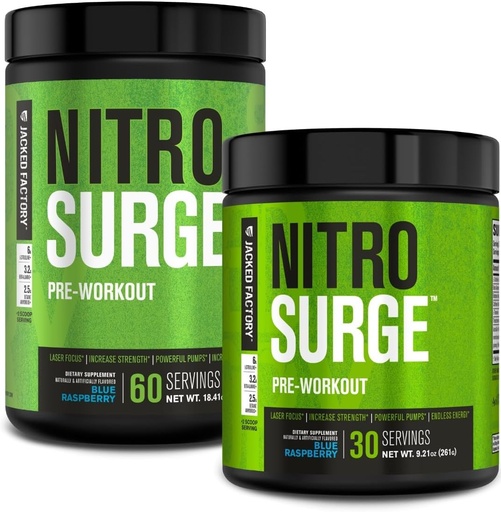 [BRSRAFIRDIIGK3IY] Jacked Factory NITROSURGE Pre Workout Suplemento - Energy Booster, Instant Strength Gains, Clear Focus &amp; Intense Pumps - NO Booster &amp; Powerful Preworkout Energy Powder - 90 Servings, Blue Raspberry