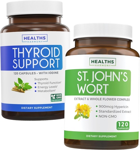 [BRSROZACA4BAO33U] Bundle of St. John's Wort & Thyroid Support - Mood Boost & Balance Bundle - St. John's Wort (Non-GMO) with powerful 900mcg Hypericin Extract & Thyroid Support with Iodine for Energy Improvement