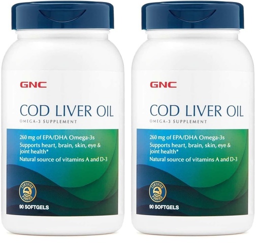[BRSREAD7B4GQE3LX] GNC Cod Liver Oil Omega 3 Supplement, 260mg EPA and DHA, Supports Heart, Brain, Skin, Eye and Joint Health, 90 Softgels (Pack of 2)