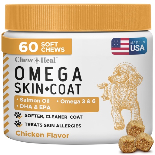 [BRSW2GIEAACAO335] Salmon Oil for Dogs -60 Soft Chew Omega Treats Skin and Coat Supplement for Dogs -Fish Oil Blend of Fatty Acids, Omega 3 and 6, Vitamins, Antioxidants, Minerals -Made in USA
