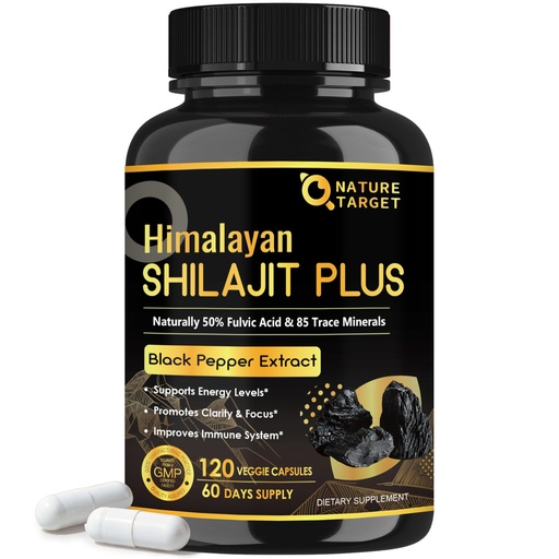 [BRSREGA3BYCAIC3B] NATURE TARGET Himalayan Shilajit Capsules - 500mg Pure Shilajit with 50% Fulvic Acid & Black Pepper - Energy, Focus & Vitality - 120 Vegan Capsules