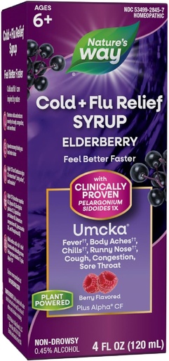 [BRSWI2YHC4GA4FAV] Nature's Way Cold + Flu Relief Syrup*, Umcka, Sore Throat, Cough, Congestion, Fever*, Body Aches*, Phenylephrine Free, Homeopathic, Non-Drowsy, Berry Flavored, 4 Fl Oz (Packaging May Vary)