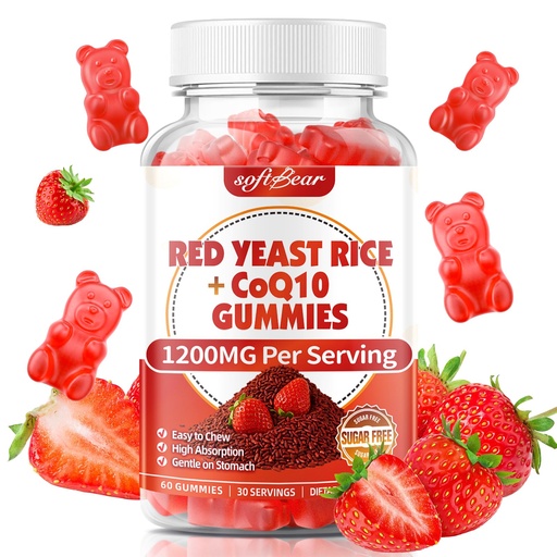 [BRSRGFAKCF5RMFL4] softbear Red Yeast Rice with CoQ10 Gummies, Organic Red Yeast Rice Supplement 1200mg with CoQ10 200mg for Women & Men, Sugar Free/Vegan/Non-GMO, Strawberry Flavor, 60 Count