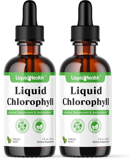 [BRSROZL4BAFB63DB] LIQUIDHEALTH Liquid Chlorophyll Drops - Deodorizador interno, Antioxidantes, Liver Detox, Immune Support, Relieve Bad Breath, Reducir el apetito, Collagen for Hair & Skin Health - Vegan, Non-GMO (2 Pack)