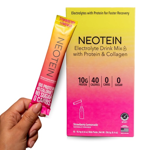 [BRSRAGA6CN6R4G3F] NEOTEIN: Electrolyte Powder Packets, Protein Powder with 10g Protein & Collagen | Hydration Packets - Zero Sugar, NO Fillers, NO Carbs | Strawberry Lemonade | 40 Calories | Keto & Paleo | Pack of 15