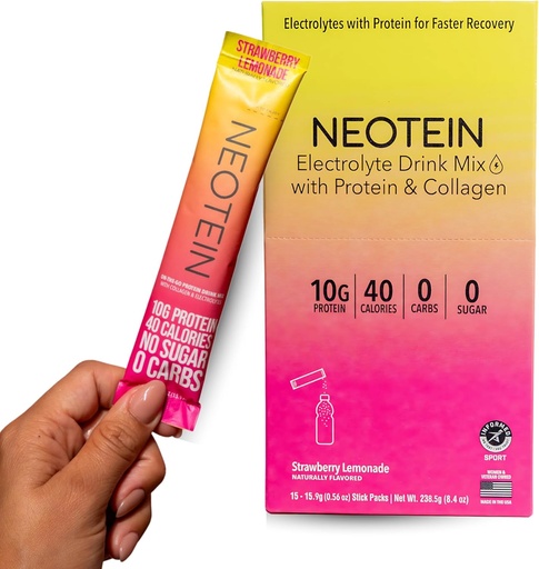 [BRSRAGA6CN6R4G3F] NEOTEIN: Hauts elektrolitoak, proteina-hautsa 10g proteina eta kolagenoarekin | Hidratazio-paketeak - Zero Sugar, No Fillers, NO Carbs | Strawberry Lemonade | 40 Calories | Keto & Paleo | 15. paketea