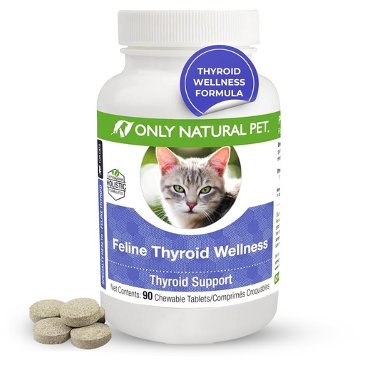 [BRSWIB32OYBAIAAV] ONLY NATURAL PET Thyroid Support Supplement for Cats - Multivitamin with L-Carnitine & Lemon Balm - Vet Formulated - Helps with Endocrine & Immune Health - Turkey Flavored Chewable - 90 Tablets