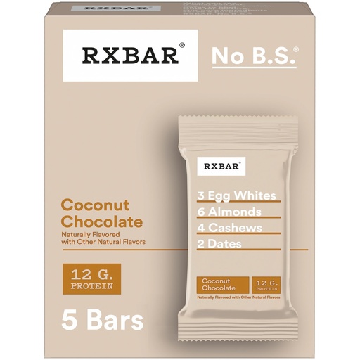 [BRSWYYD2ABYAEGYV] RXBAR Protein Bars, 12g Protein, Gluten-Free, Snacks, Coconut Chocolate, 9.1oz Box (5 Bars)