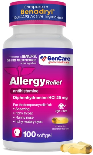 [BRSREGA5DIMAGDTF] GenCare Allergy Relief Medicine – 100 Softgels – Diphenhydramine 25mg – Antihistamines for Adults for Congestion, Sneezing, Runny Nose, Itchy Eyes & Throat – Generic for Dye Free Liquid Gels