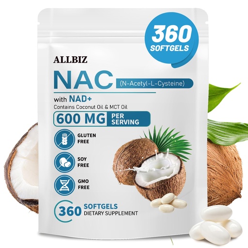 [BRSRYYYBOFYRMYLH] ALLBIZ NAC 600mg with NAD+ & MCT Oil, 360 Softgels for Women & Men – N-Acetyl Cysteine Supplement with Coconut Oil for Antioxidant Support & Cellular Health, Non-GMO, Gluten Free