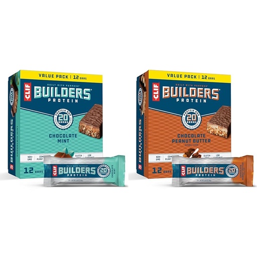 [BRSROBQCC4MAYHLL] CLIF Builders - Chocolate Mint Flavor - Protein Bars - Gluten-Free - Non-GMO & Chocolate Peanut Butter Flavor - Protein Bars - Gluten-Free - Non-GMO - Low Glycemic - 20g Protein - 2.4 oz. (24 Count)