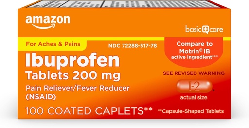 [BRSWGBAYCV7GAH3J]   Basic Care Ibuprofen Tablets, 200 mg, Pain Reliever and Fever Reducer, For Arthritis, Toothache, Backache and More, 100 Count