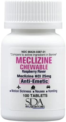 [BRSWIGDYDF6BM23A] SDA LABORATORIES Meclizine Chewable Tablets, 25mg – Anti-Emetic, Raspberry Flavor – Motion Sickness & Vertigo Relief for Nausea, Dizziness, and Vomiting, 100 Count (1 Pack)