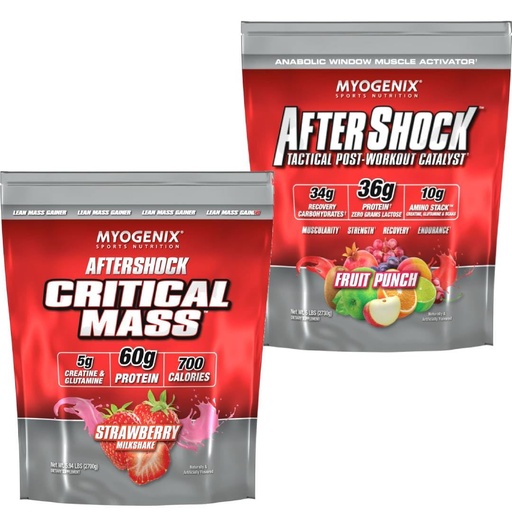 [BRSRYZYQCIIQ2ETX] Myogenix Critical Mass Strawberry 5 lbs & Aftershock Fruit Punch 6 lbs – Critical Mass: Whey Protein Powder, Creatine & Glutamine – Aftershock: Recovery Carbohydrates, Protein Powder, & Aminos Stack