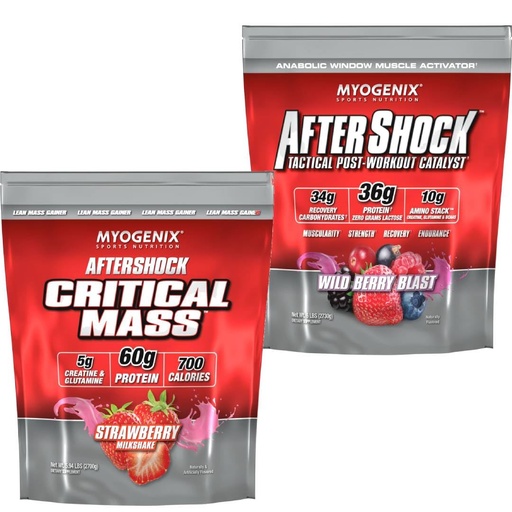 [BRSRYZYQCUOQ43QY] Myogenix Critical Mass Strawberry 5 lbs & Aftershock Wildberry Blast 6 lbs – Critical Mass: Whey Protein Powder, Creatine & Glutamine – Aftershock: Recovery Carbohydrates, Protein Powder, & Aminos Sta